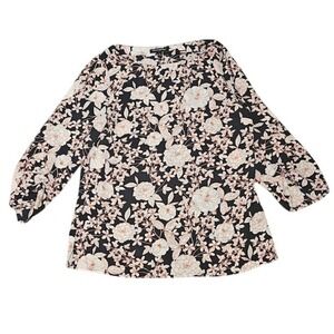 Banana Republic Blouse Women Medium Black Orange Floral Print Top Long Sleeve